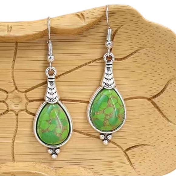 Boho Silver and Green Drop Style Earrings - Picture 3 of 7